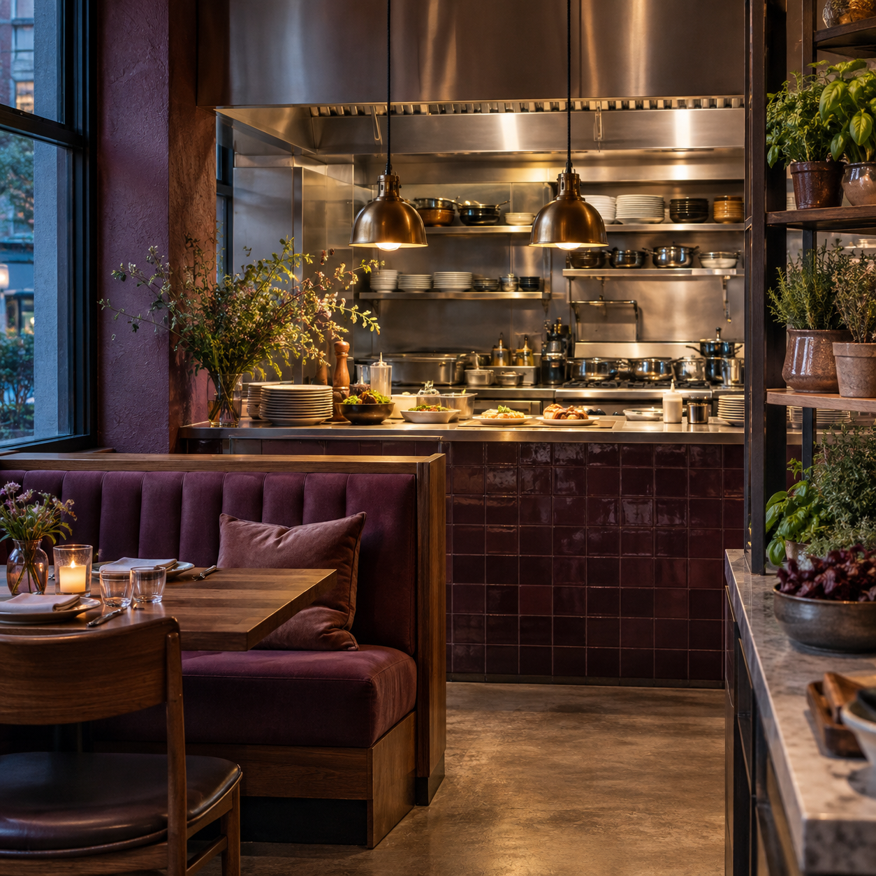Illustrative scene of neighborhood restaurant: an open kitchen pass, a small banquette, an herb shelf