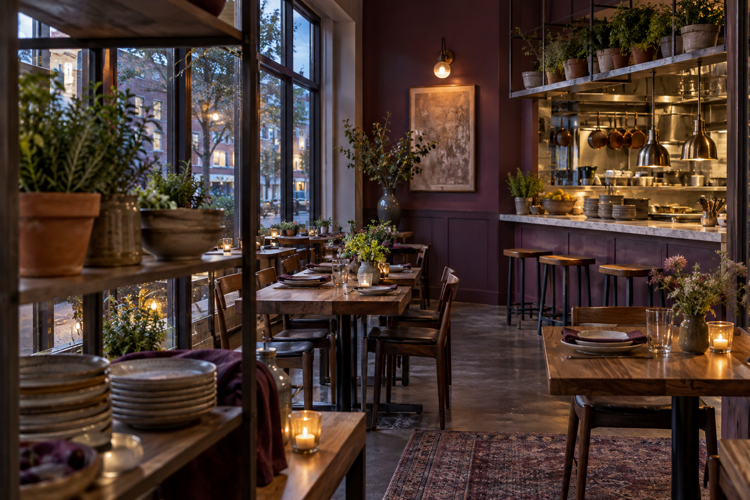 Illustrative scene of neighborhood restaurant: an herb shelf, walnut tables, stoneware plates