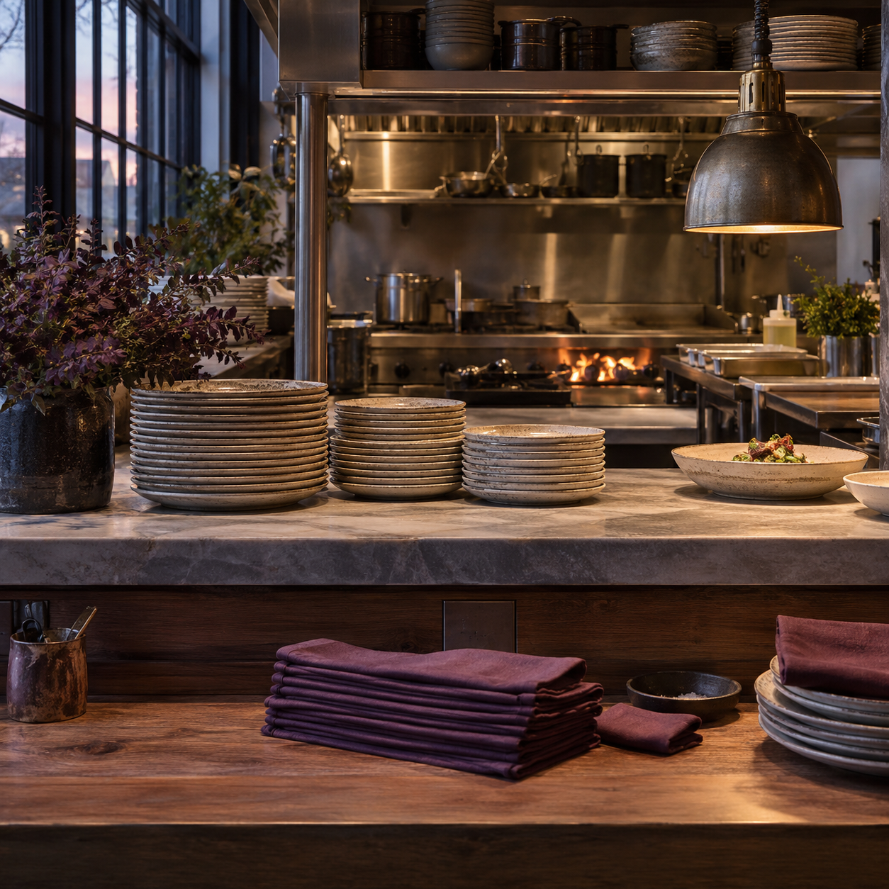 Illustrative scene of neighborhood restaurant: stoneware plates, linen napkins, an open kitchen pass